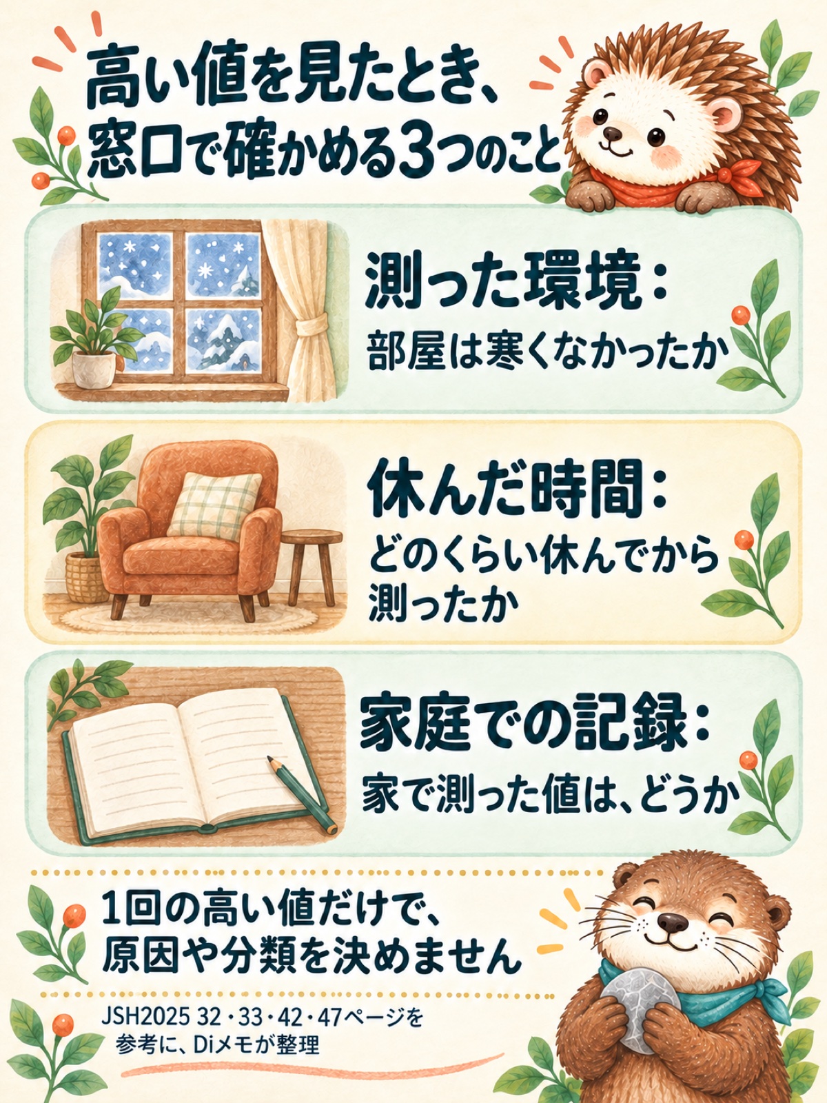 高い値を見たとき、窓口で確かめる3つのこと。測った環境:部屋は寒くなかったか。休んだ時間:どのくらい休んでから測ったか。家庭での記録:家で測った値は、どうか。1回の高い値だけで、原因や分類を決めません。JSH2025 32・33・42・47ページを参考に、Diメモが整理